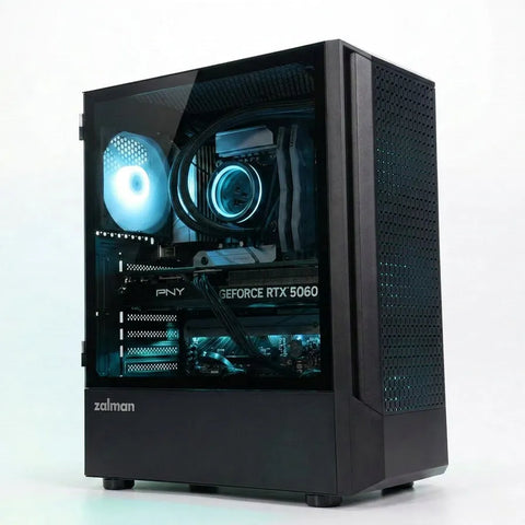 Black Zalman Fit gaming desktop PC with clear side panel, blue ARGB lighting, and 