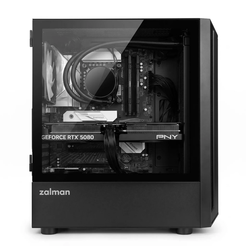 Black Zalman gaming desktop PC with clear tempered glass side panel, showcasing RTX 5080 graphics and liquid cooling.