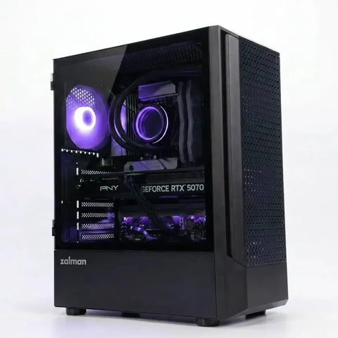 Black Zalman gaming desktop with clear side panel, purple internal RGB lighting, and visible RTX 5070 graphics card.