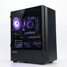 Black Zalman gaming desktop with clear side panel, purple internal RGB lighting, and visible RTX 5070 graphics card.