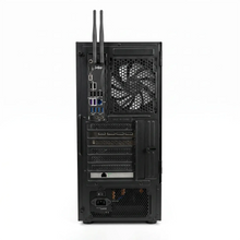 Black gaming desktop PC back panel with multiple ports, cooling fan, and dual Wi-Fi antennas.