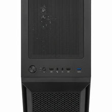 Black gaming desktop PC with mesh top panel, front USB 3.0, USB, audio ports, and power button.