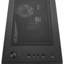 Black gaming desktop PC with mesh top panel, front USB ports, and power button.