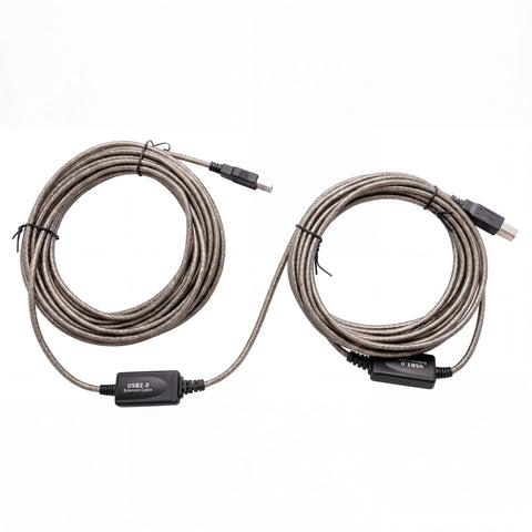 15-meter active USB 2.0 A to B cable in transparent grey with two integrated signal repeater blocks on a white background.
