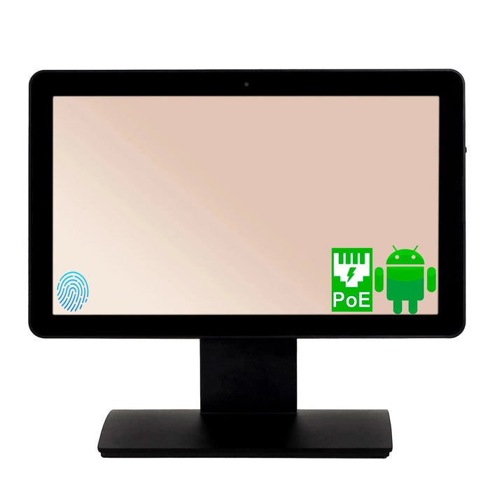 Touch Screen Guru 15.6" FHD Android AiO desktop with PoE, multi-touch, zero bezel, and IPS display. Features fingerprint and Android icons.