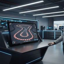 Touch Screen Guru 32-inch 4K monitor displaying a race track simulation with a red car. Features zero bezel and touch-enabled interface.