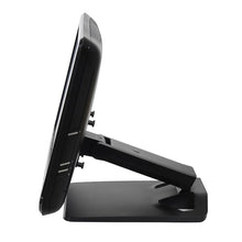 Touch Screen Guru black adjustable monitor stand with hinged arm and pivot, suitable for 15-32 inch screens. Side view.
