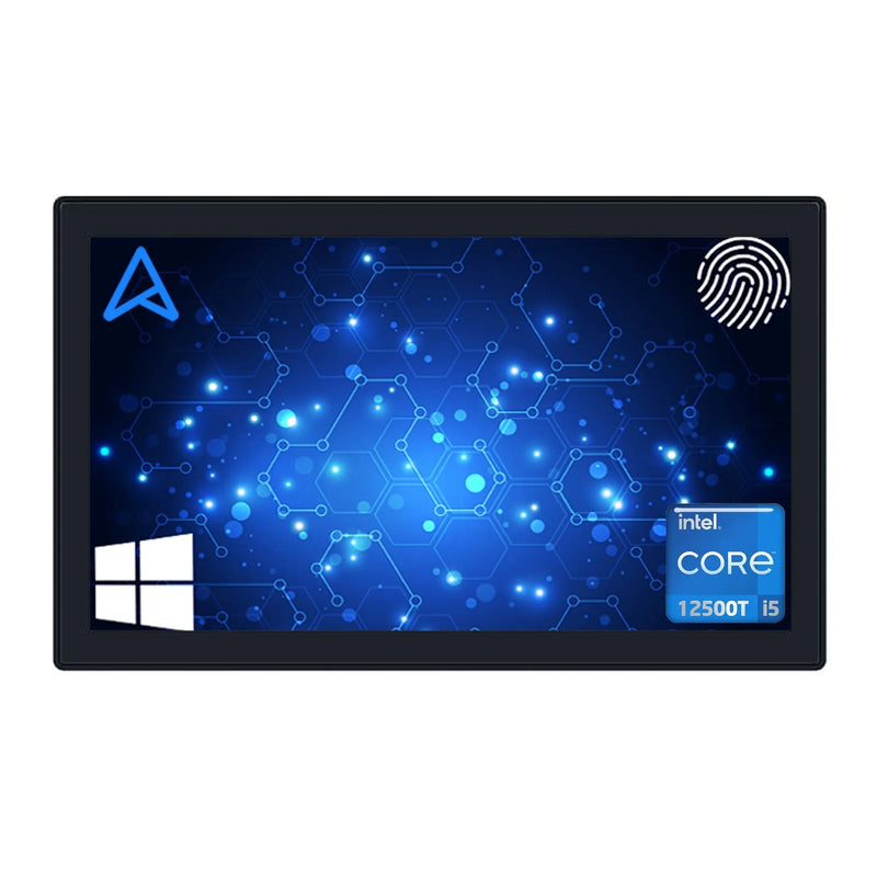 Touch Screen Guru 15.6” FHD industrial all-in-one PC with Intel Core i5 processor, fingerprint scanner, and Windows logo.