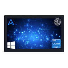 Touch Screen Guru 15.6” FHD industrial all-in-one PC with Intel Core i5 processor, fingerprint scanner, and Windows logo.