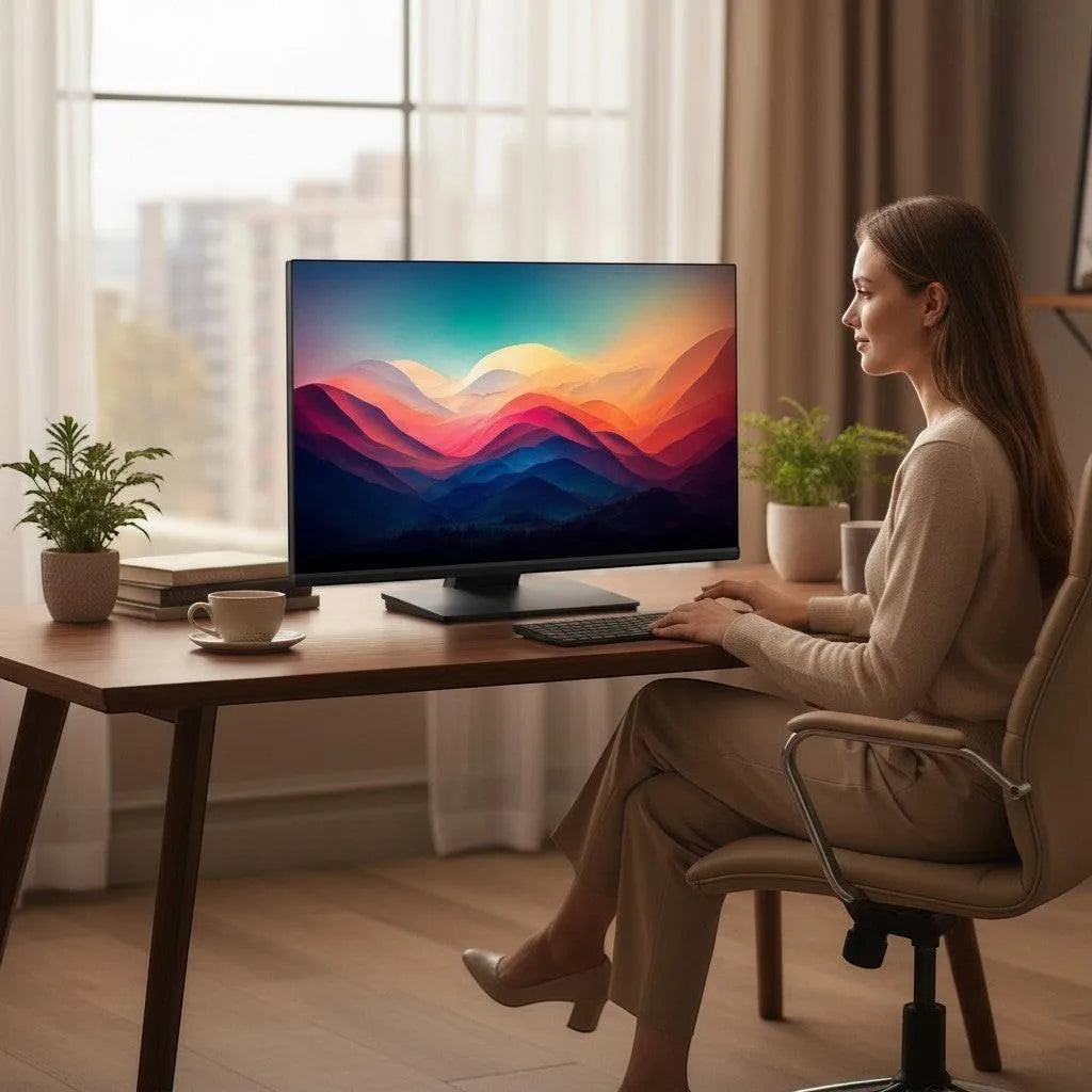 Touch Screen Guru 24” FHD all-in-one computer with Intel Core i7 processor and Windows OS, featuring a touchscreen and sleek design.