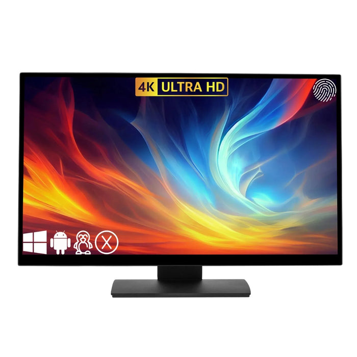 Touch Screen Guru 27-inch 4K Ultra HD monitor with a fingerprint icon and OS compatibility logos. Features a vibrant abstract wallpaper.