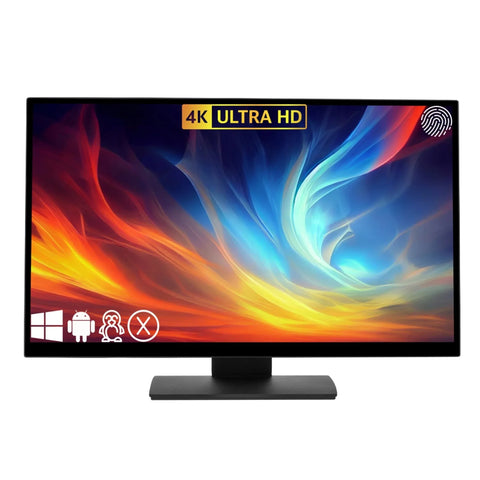 Touch Screen Guru 27-inch 4K Ultra HD monitor with a fingerprint icon and OS compatibility logos. Features a vibrant abstract wallpaper.