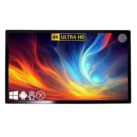 Touch Screen Guru 43-inch 4K Ultra HD monitor with a fingerprint icon and OS compatibility logos.