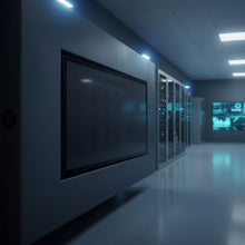 Touch Screen Guru Ultra-Series 65-inch 4K monitor in a server room, featuring a zero bezel design and super-bright IPS display.