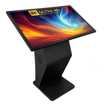Touch Screen Guru right angled view of black metal floor standing digital signage kiosk stand with 4K Ultra HD display with vibrant colors on a white background.