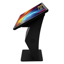 Touch Screen Guru side view of black metal floor standing digital signage kiosk stand, compatible with 22