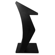 Touch Screen Guru side view of black metal floor standing digital signage kiosk stand with lockable rear door, compatible with 22