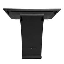 Touch Screen Guru rear view of black metal floor standing digital signage kiosk stand featuring locked cable management box  and 4K Ultra HD touch screen monitor on a white background