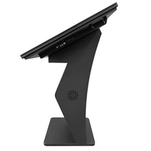 Touch Screen Guru Side view of black metal floor standing digital signage kiosk stand and 4K Ultra HD touch screen monitor display featuring input ports and kiosk vents on a white background.