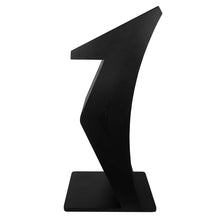 Touch Screen Guru side view of black metal floor standing digital signage kiosk stand with lockable rear door, compatible with 22