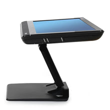 Touch Screen Guru black adjustable monitor stand with hinged arm extended and pivot for 15-32 inch screens.