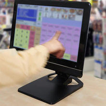 Touch Screen Guru black adjustable monitor stand with hinged arm, suitable for 15-32 inch screens. Monitor attached, front view.