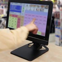 Touch Screen Guru black adjustable monitor stand with hinged arm, suitable for 15-32 inch screens. Monitor attached, front view.