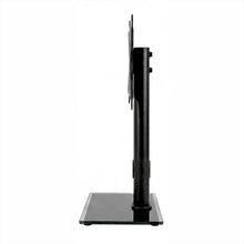 Touch Screen Guru black steel monitor stand with tempered glass base, adjustable height, VESA mount compatible. Side view.
