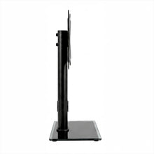 Touch Screen Guru black steel monitor stand with tempered glass base, height-adjustable column, and VESA mount. Side view.