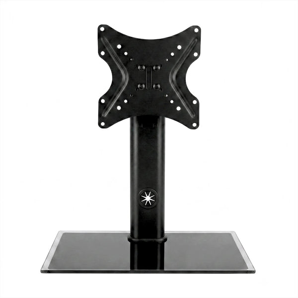 Touch Screen Guru black steel monitor stand with tempered glass base, VESA compatible for 32" displays.