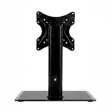 Touch Screen Guru black steel monitor stand with tempered glass base, VESA mount compatible for 32