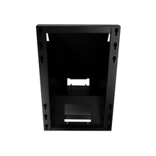 Touch Screen Guru top view of black metal floor standing digital signage kiosk stand featuring VESA mounting options compatibility and lockable rear door.