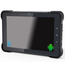 Touch Screen Guru 7-inch rugged Android tablet with multi-touch display, fingerprint icon, and Android logo.